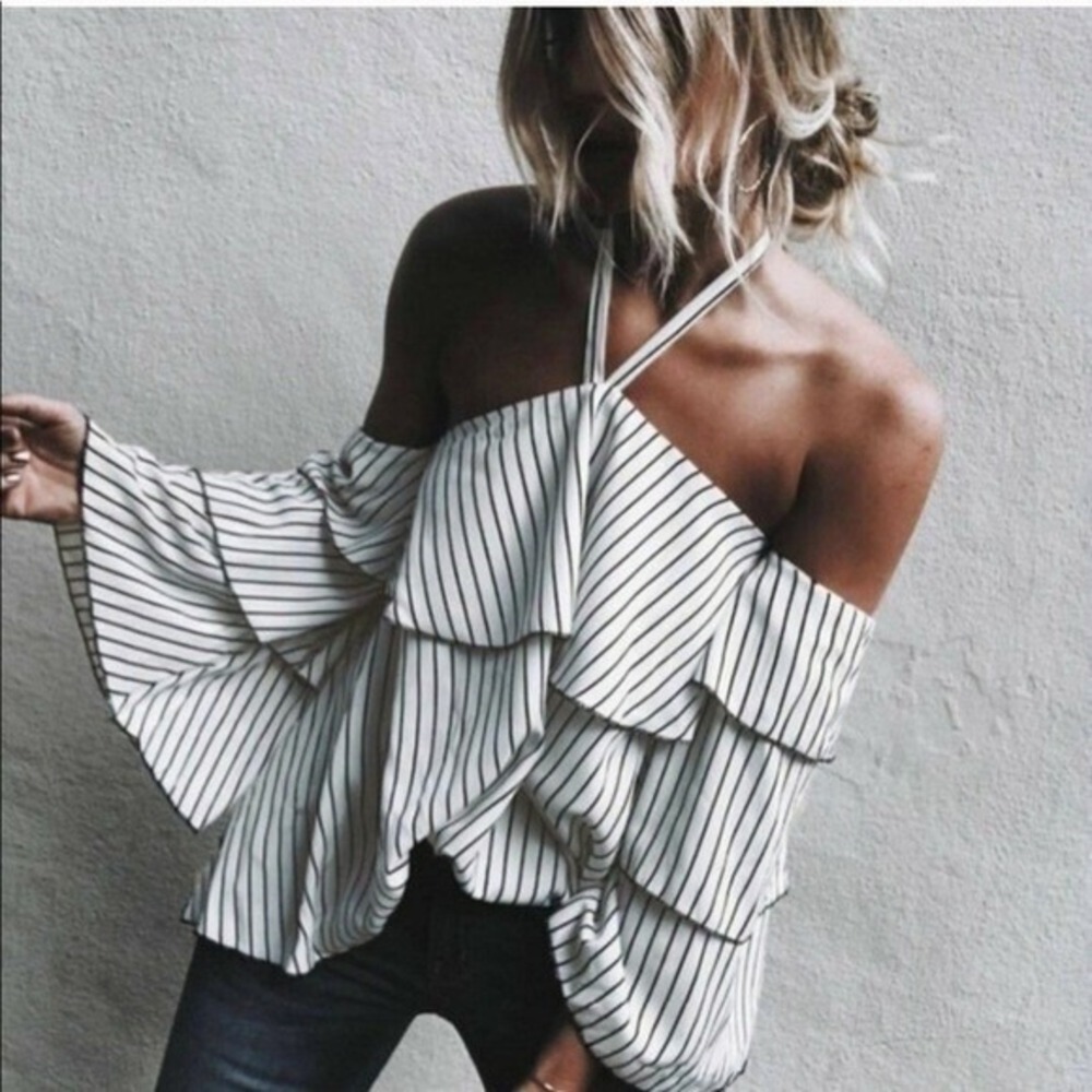 Striped Halter Cold Shoulder Ruffle Tiered Sleeve Blouse White Black S